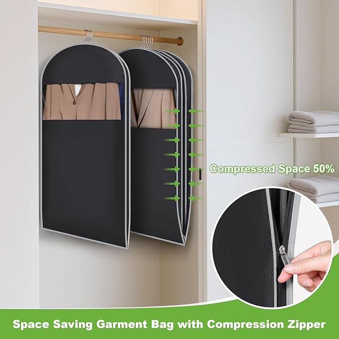 KEEGH Space Saving Hanging Garment Bag with Self Compression Zipper 40 Inch, Compression Garment Bags for Hanging Clothes with Clear Window, Suit Bags for Closet Storage (3 Pack)