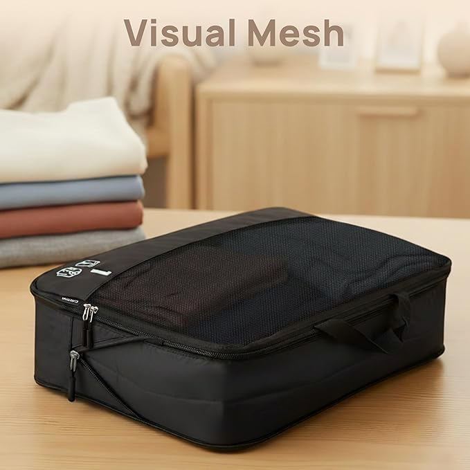 7 Set Compression Packing Cubes for Travel, Luggage Organizer Bags for Suitcases with Mesh Panels, Shoe Bag & Toiletry Bag for Carry On, Vacation & Cruise Essentials (Black)