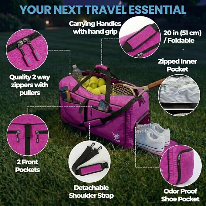 Bago Medium Duffle Bag for Travel Women & Men. Durable Lightweight Foldable Travel Duffel Bags For Traveling Women. 60L Duffle Bags For Overnight Bag With Shoe Compartment Collapsible Weekender duffel