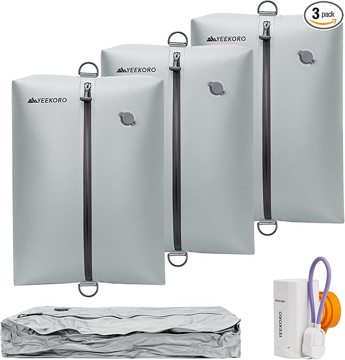Vacuum Bag for Travel, Professional IPX8 Waterproof Reusable Vacuum Compression Bags for Travel Suitcases, Durable Space Saver Bag(3 PACK,With Pump)