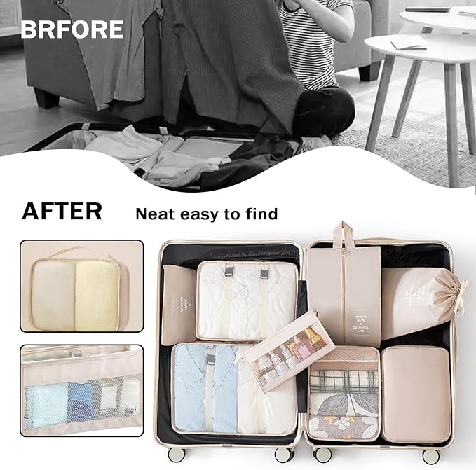 8 Set Packing Cubes for Suitcases, INVODA Travel Luggage Packing Organizers with Laundry Bag, Compression Storage Shoe Bag, Clothing Underwear Bag (Beige)