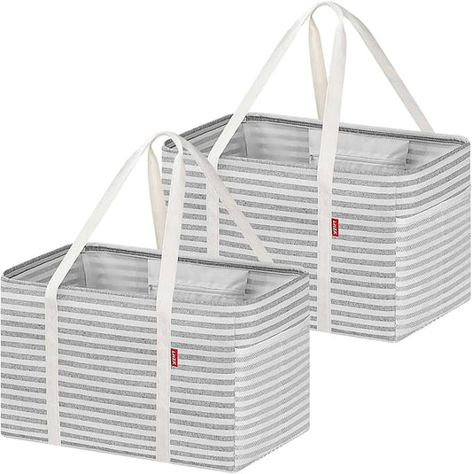LHZK 2 Pack Utility Tote Bag with Metal Wire Frame and the Sides Rinforced, Large Tote Bag with Handle, Reusable Grocery Bags Foldable, Beach Bag, Car Tote (Gray, 18.5''x11.8''x11.5'')