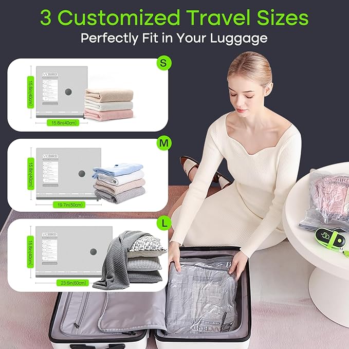 Vacbird Vacuum Bags for Travel with USB Pump, 12 Pack Carry-on Size Compression Packing for Luggage and Suitcase, Space Saver Bags for Clothes and Clothing Travel