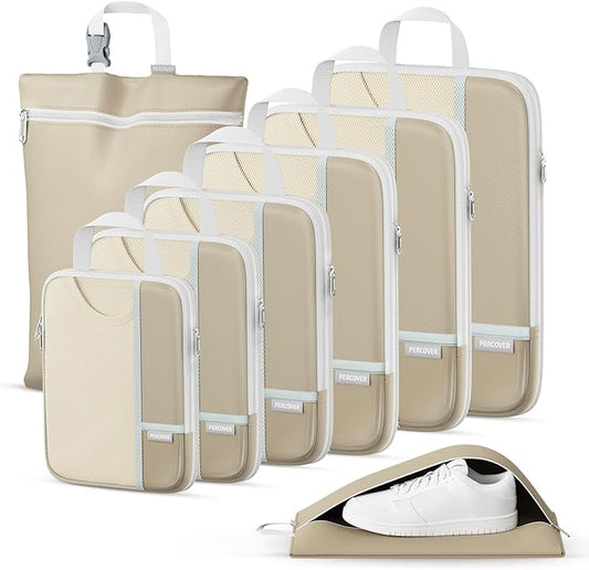 Percover Compression Packing Cubes for Travel, 8-Piece Structured Compression Organizer Set with Laundry Bag & Shoe Bag for Carry-On & Checked Luggage, Camel
