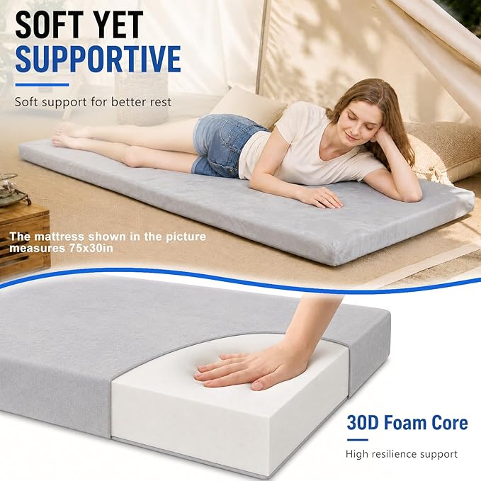 Foam Camping Mattress - Portable Sleeping Pad for Camping, Tent, Car & Floor - Washable Cover & Roll Up Travel Bag - Cot Mattress for Travel & Guests