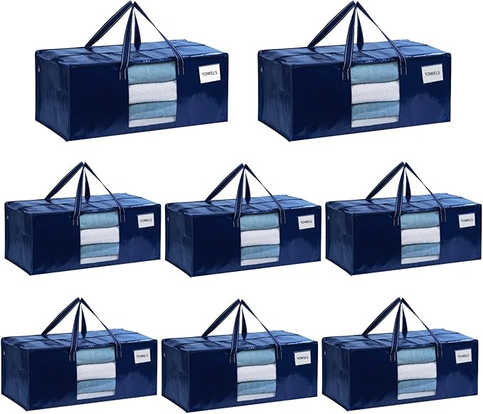 VENO 8 Pack Heavy Duty Moving Bags, Packing Bags with Clear Window, Alternative to Moving Boxes, Storage Bins for Clothes, Blankets, Comforters, College Dorm Essentials (Blue, 8 Pack)