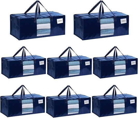VENO 8 Pack Heavy Duty Moving Bags, Packing Bags with Clear Window, Alternative to Moving Boxes, Storage Bins for Clothes, Blankets, Comforters, College Dorm Essentials (Blue, 8 Pack)