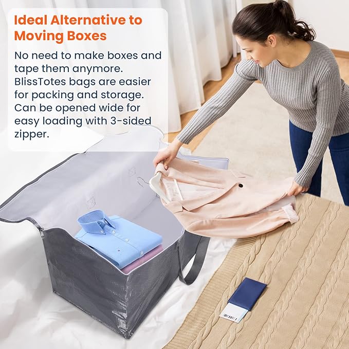 BlissTotes Large Moving Boxes and with Zippers & Handles Moving Supplies with lids, Heavy Duty Totes for Storage Bags for Space Saving, Fold Flat, Moving and Storing 93L, 2 Pack