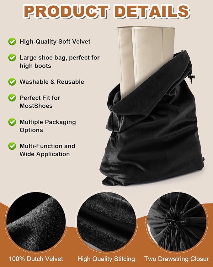 4 Pcs Shoe Bags for Travel, 21.2"x13.3" Large Boot Bags for Cowboy Boots, Washable Velvet Dust Bag with Drawstring for Dress Shoes, Handbags and Clothing, Suitable for Travel and Home Storage