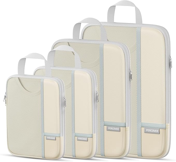 Percover Compression Packing Cubes for Travel, 4-Piece Structured Compression Organizer Set with Label Pockets for Carry-On & Checked Luggage, Beige