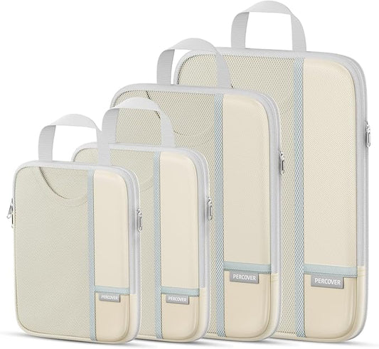 Percover Compression Packing Cubes for Travel, 4-Piece Structured Compression Organizer Set with Label Pockets for Carry-On & Checked Luggage, Beige