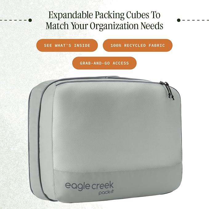 Eagle Creek Pack-It Reveal Expansion Cube - Adjustable Storage Expansion Cube for Travel - Durable Compression Zipper - Water-Resistant - Sustainable - Large - Storm Grey