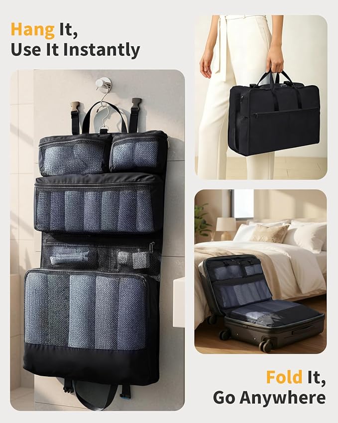 ECOHUB 8-in-1 Hanging Packing Cubes, Foldable Travel Storage Bag, Travel Organizer Expandable Packing Cube for Suitcase or Luggage (Black)