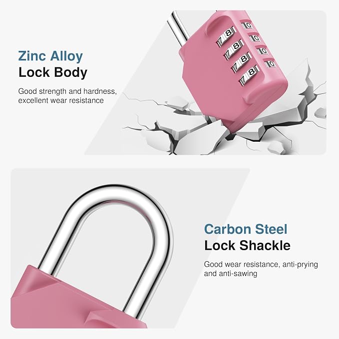 Puroma Combination Lock 4 Pack 4 Digit Waterproof Locker Locks Secure Outdoor Padlock for Gym Lockers, Toolboxes, Gates, Fences, Storage, Sports Locker, Cabinets (Rose Pink) - Image 4