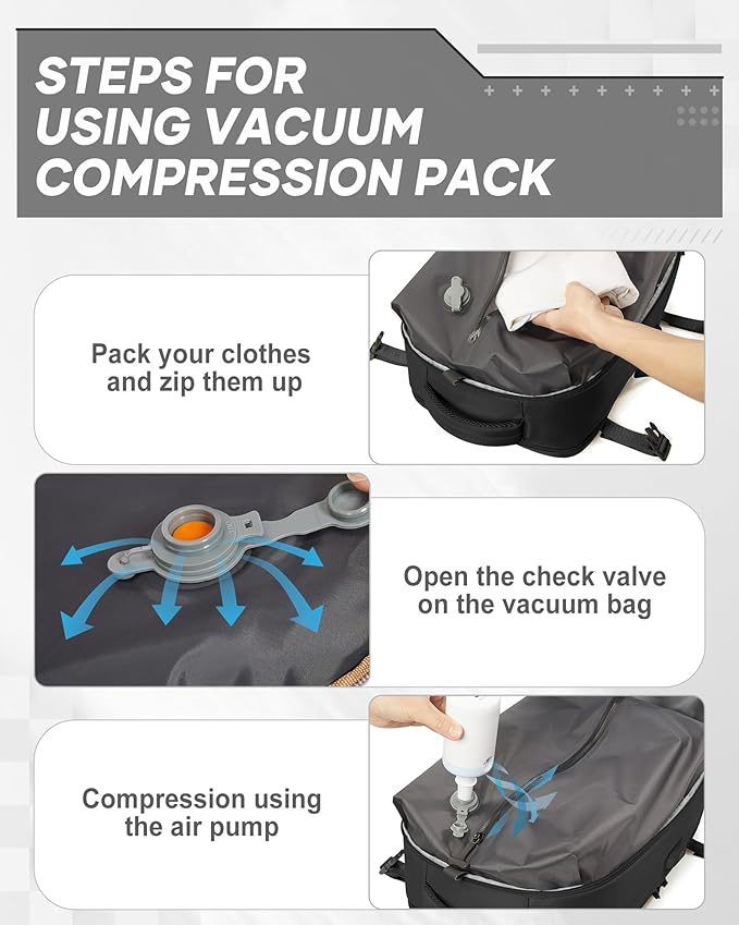 suwasp Vacuum Compression Backpack, 45L Expandable Travel Backpack with Electric Vacpack Pump, Travel Vacuum Bags with 17inch Laptop Compartment/Wet/Dry Compartment/Waterproof Pocket, Black