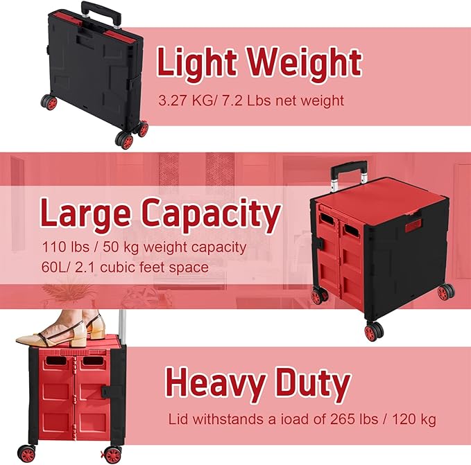 FELICON Folding Utility Cart Portable Rolling Crate Handcart with Durable Heavy Duty Plastic Telescoping Handle Collapsible Hidden Lid 4 Rotate Wheels for Travel Shop Move Office Teacher(Red&Black)