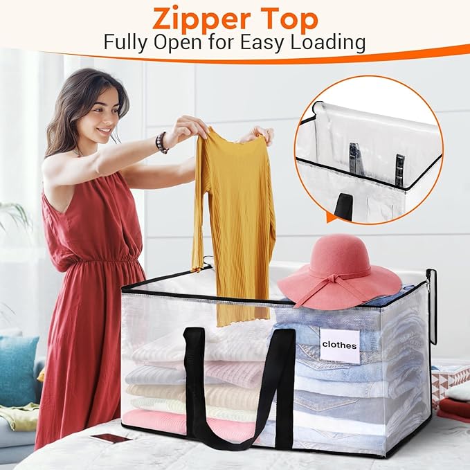 BlissTotes Clear Moving Bags Heavy Duty, 76L Extra Large Storage Bags with Zipper & Reinforced Handles, Waterproof PP Moving Totes for Clothes, Bedding, Comforters, Space Saving Storage (4 Pack)