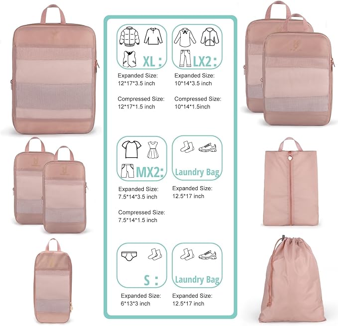 6/8 Sets Compression Packing Cubes for Travel, Bunnychill Portable Zipper Packing Cube for Cloting, Expandable Space Saver Storage Luggage Organizer Bags for Suitcases
