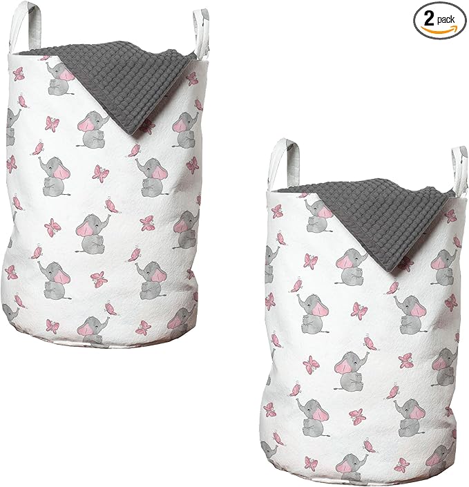Ambesonne Animal Cartoon Laundry Bag Pack of 2, Playing Butterflies Design Pattern, Hamper Basket with Handles Drawstring Closure, 13" x 19", Grey Pink
