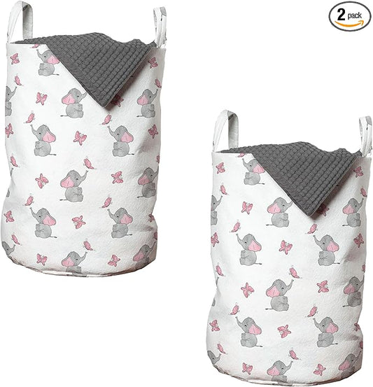 Ambesonne Animal Cartoon Laundry Bag Pack of 2, Playing Butterflies Design Pattern, Hamper Basket with Handles Drawstring Closure, 13" x 19", Grey Pink