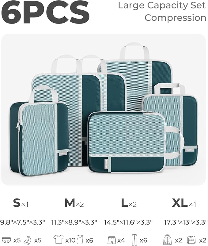 Percover Compression Packing Cubes for Travel, 6-Piece Structured Compression Organizer Set for Organized Packing & Carry-On Luggage, Peacock Green