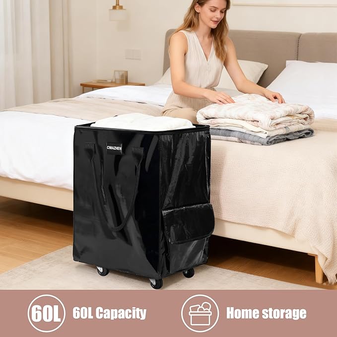 (Small,Black) Reusable Grocery Bag on 4 Wheels, Foldable Rolling Tote Bag with 3 Handles and Zipper, Storage Organizer for Groceries, Rolling Shopping Cart for Travel, 66lb