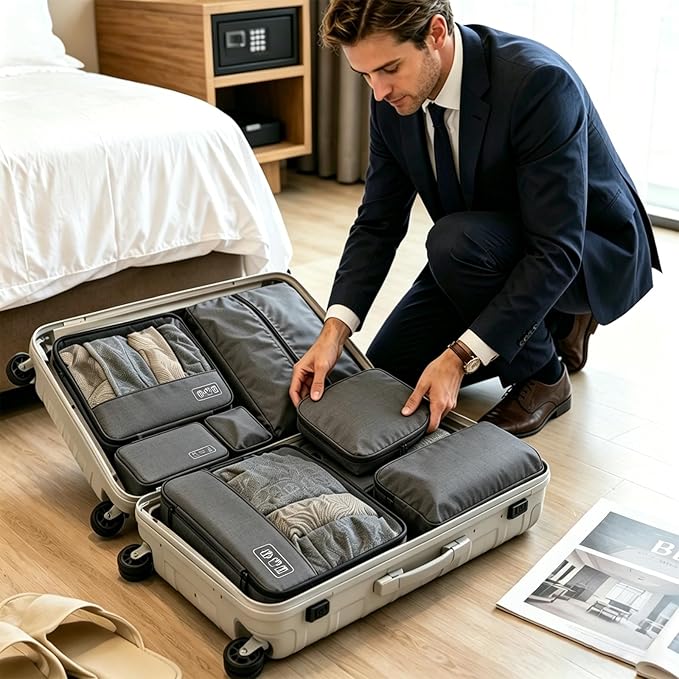 8-Piece Compression Packing Cubes for Travel, Ultralight Luggage Organizer Set with Double Zipper, Space Saving for Suitcase & Carry-On, Ideal for Business Trip Weekend Getaway - Gray