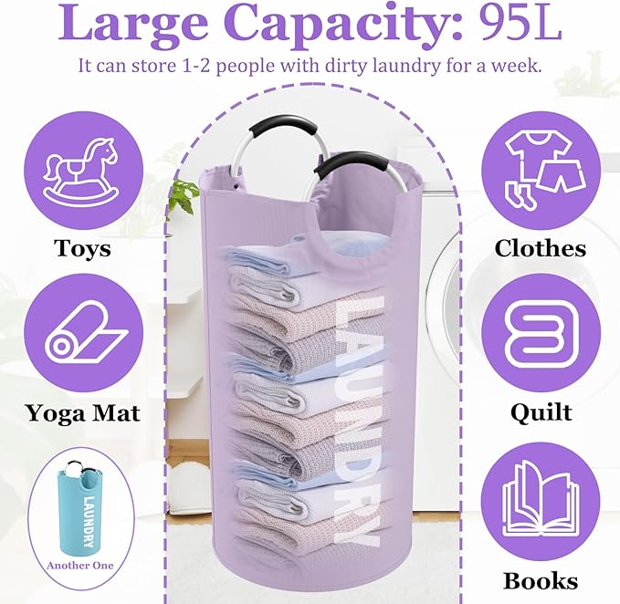 Set of 2 Collapsible Laundry Baskets with Handles, 95L Big Laundry Hampers for Bedroom, Waterproof Clothes Baskets, Independent Dirty Clothes Hamper for Travel, Nursery, Purple/Blue