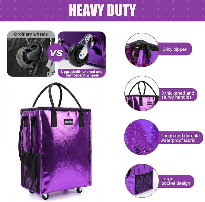 Reusable Hauler Rolling Tote Bag, Collapsible Portable Shopping Bag with Wheels for Groceries, Apartments Laundry, Organization , Heavy Duty Utility Tote Bag, Travel and Moving, 75lbs, Glossy Purple