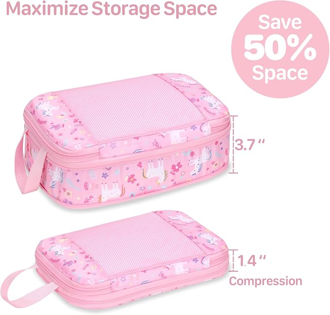 Kids Compression Packing Cubes, 4 Piece Set for Carry On Suitcase, Water Resistant Travel Luggage Organizers with Shoe Bag, Toddler Backpack Essentials (Pink Unicorn)