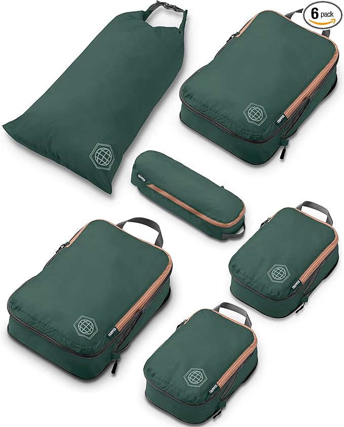 Compression Packing Cubes for Travel, 6-Piece Lightweight Packing Cubes Set for Carry-On Luggage & Backpacks – TRIPPED Travel Gear (Green and Brown)