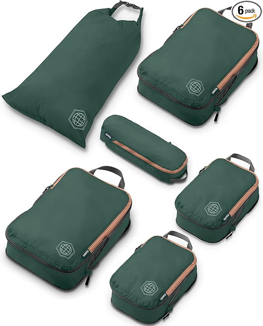 Compression Packing Cubes for Travel, 6-Piece Lightweight Packing Cubes Set for Carry-On Luggage & Backpacks – TRIPPED Travel Gear (Green and Brown)