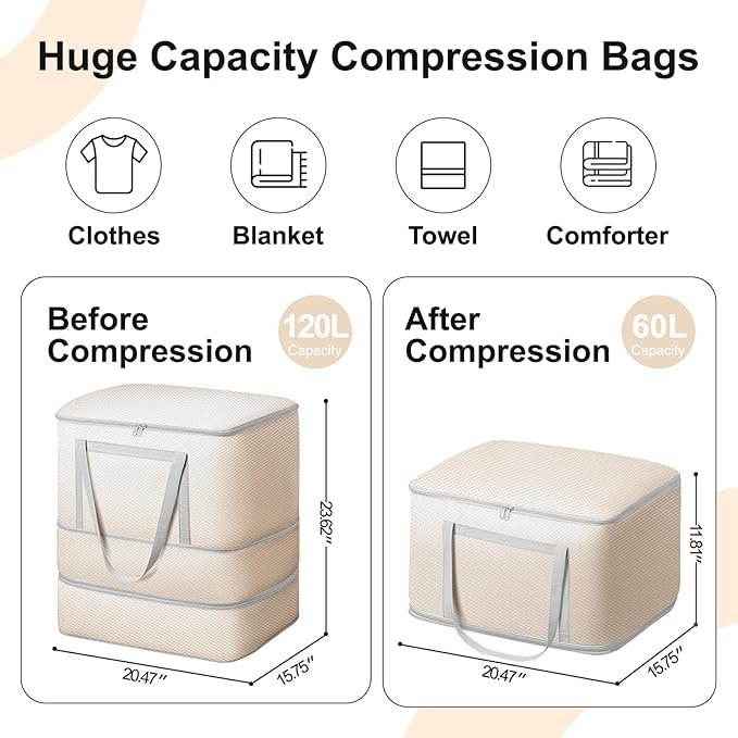 Comforter Storage Bag - 120L Bedding Storage Bags for Moving Closet, Washable Blanket Storage Bag, Ultra Space Saving Self Compression Organizer 4-Pack, Beige