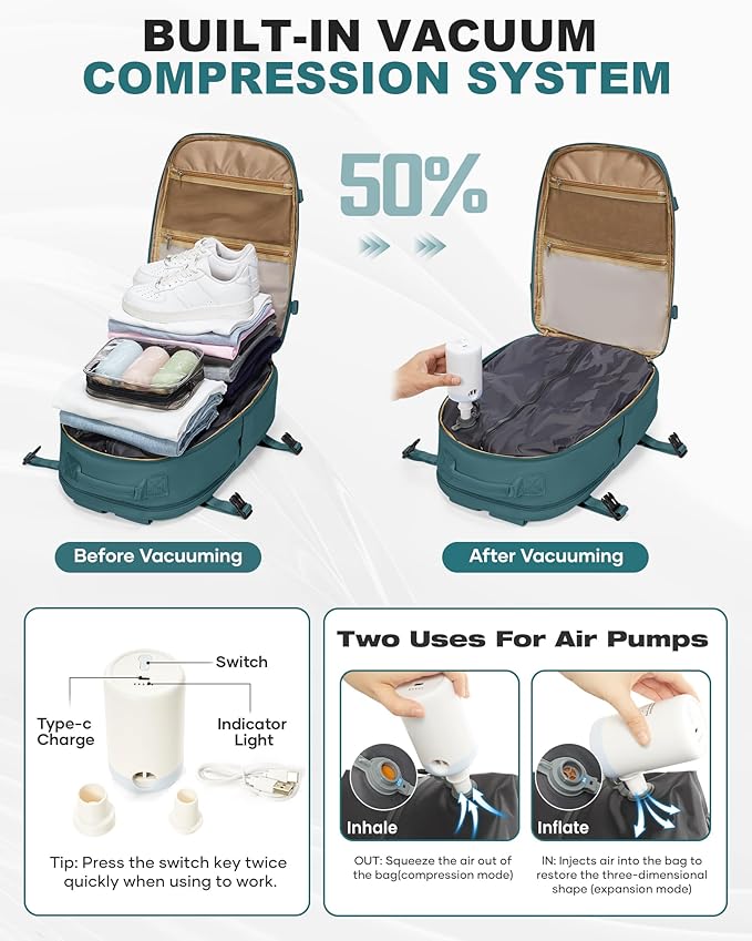 coofay Vacuum Backpack Travel with Pump Vacpack Backpack with Vacuum Seal Backpacks Traveling Backpacks Vacuum Compression Air Travel Bag Carry on Luggage