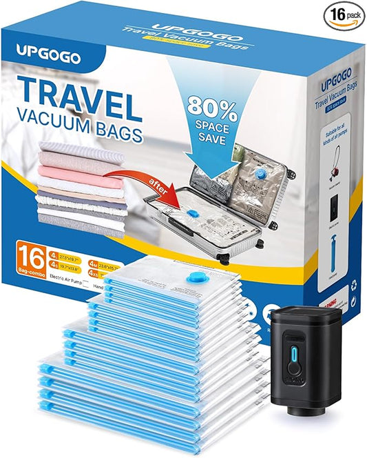 UPGOGO Combo 16 Pack Travel Vacuum Bags with Portable Electric Pump, Space Saver Vacuum Storage Bags for Clothing and Luggage, Travel Essentials