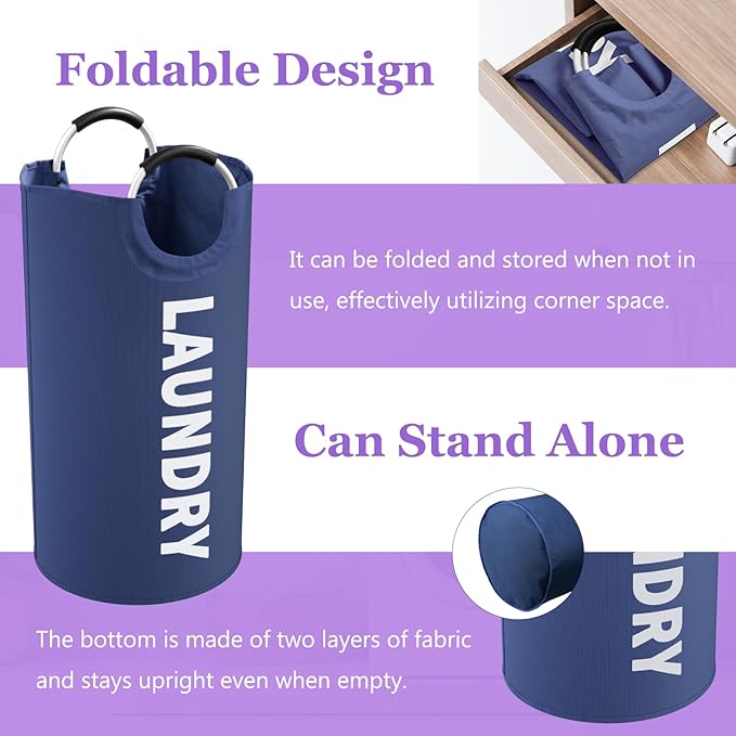 2Pcs Foldable Laundry Basket with Handles, 95L Large Clothes Hampers for Men, Tall Laundry Bin Stand Up Well, Portable Storage Basket for Family, Flat, Blue + Navy Blue