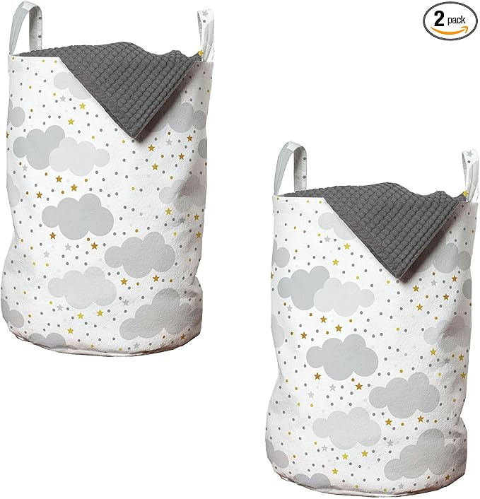 Ambesonne Clouds Laundry Bag Pack of 2, Themed Pattern with Dreamy Sky with Dots and Stars, Hamper Basket with Handles Drawstring Closure, 13" x 19", Grey Coffee