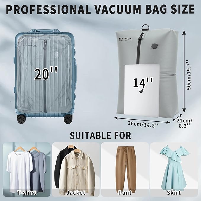 Reusable Vacuum Bags With Pump for Travel,Professional Waterproof IPX8 Vacuum Compression Bag for Suitcases Backpack,Space Saver Bags Packing Organizers for Clothing Packing(2 Pack,Gray)