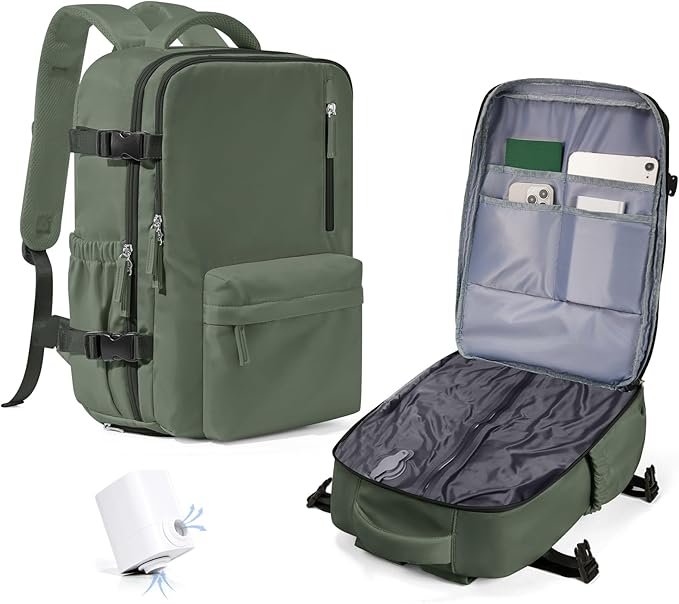 WONHOX Vacuum Seal Backpack for Travel with Air Pump Compression Daypack Personal Item Carry on Flight Approved Vacpack Laptop Space Saver Bags Storage with Vacuum System Travel Bag Women Men Green