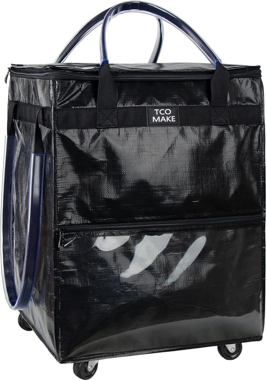 Reusable Grocery Bag on Wheels, (Medium, Black) Shopping Bags with Wheels and Handle, Folding Rolling Tote, Zipper Cover, Carries Up to 46 LBS, for Laundry, Picnic