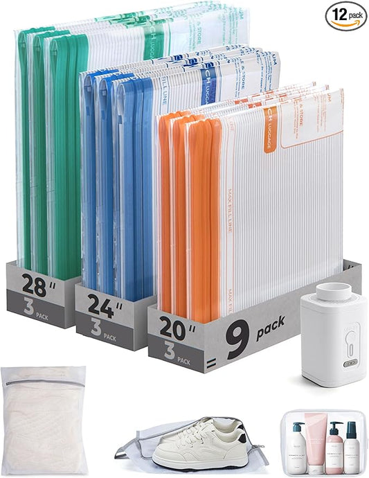 BAGSMART Vacuum Bags for Travel with Rechargeable Air Pump, Portable Space Saver Bags for Travel & Home, Vacuum Compression Seal Bag for Clothing, Blanket, 12 Pack Multicolor