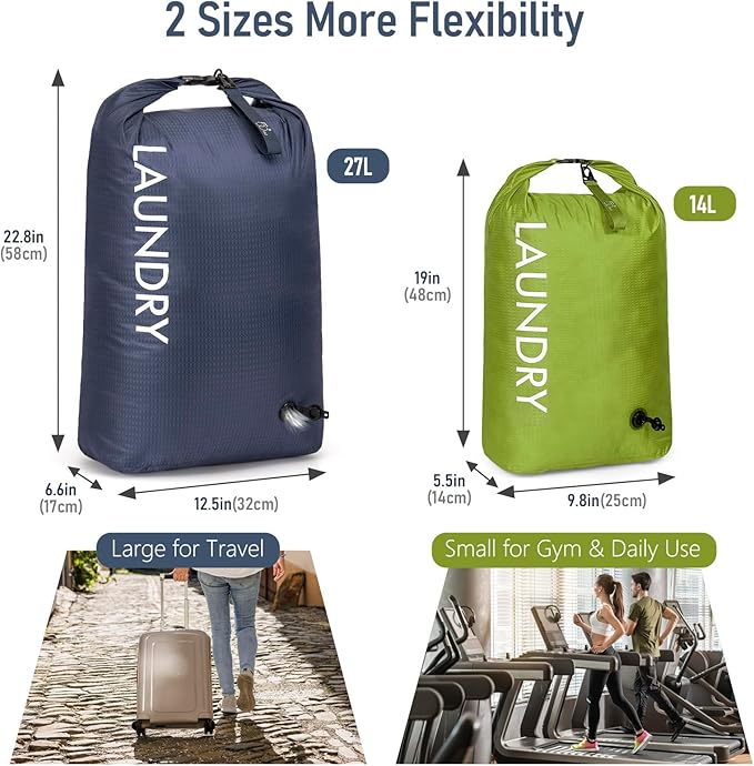 WiseBoy Travel Laundry Bag 2 Pack, Compression Laundry Bag for Dirty Clothes, Waterproof Wet Dry Bag, Pump-Free Space Saving Organizer for Suitcase Packing, Gym, Swim, Camping (Navy Blue & Green)