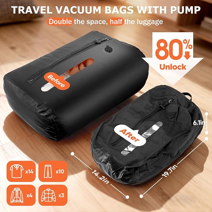 Vacuum Travel Bags With 5500Pa Wired Pump, Vacuum Luggage Bags for Clothes, Compression Bags for Travel, IP68 Waterproof Space Saver Packing Cubes for Suitcase, Backpack & Home Storage (2 Pack + Pump)