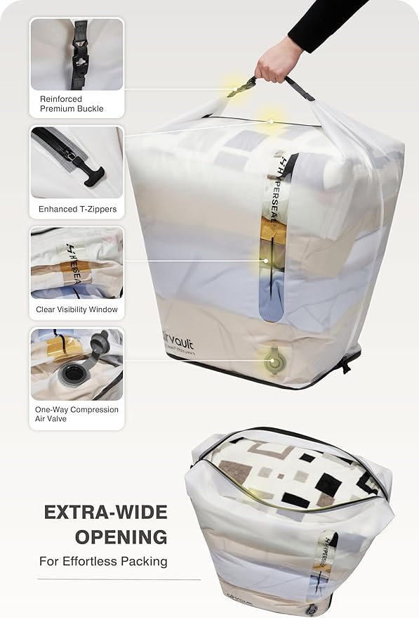 AirVault Premium Reusable Vacuum Seal Storage Bag for Carry On Suitcases & Backpack, Space Saver Airline Travel Vacpack, Pump Included (80L Tapered Duffle, 3-Pack)