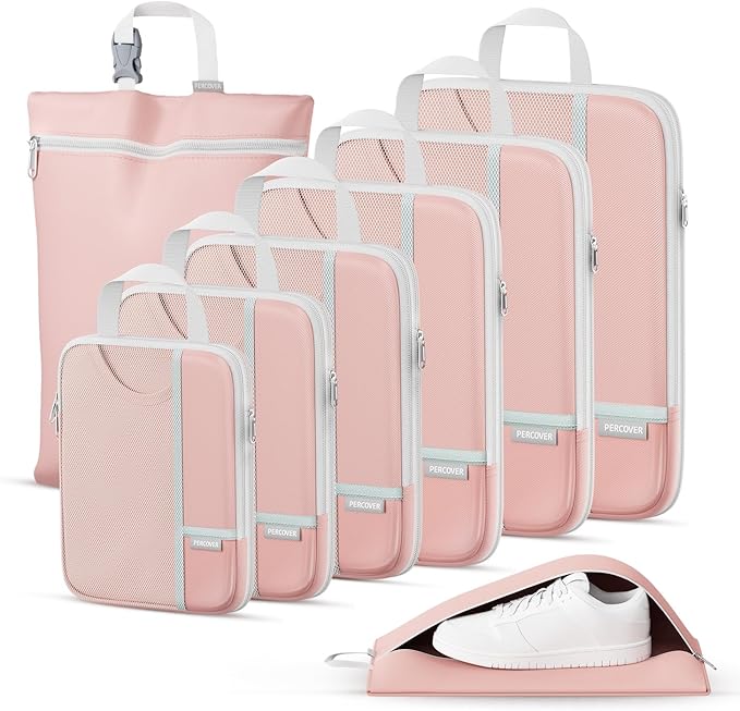 Percover Compression Packing Cubes for Travel, 8-Piece Structured Compression Organizer Set with Laundry Bag & Shoe Bag for Carry-On & Checked Luggage, Pink