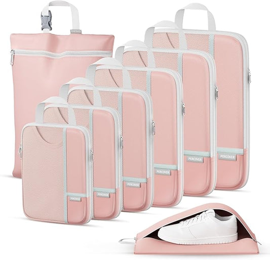 Percover Compression Packing Cubes for Travel, 8-Piece Structured Compression Organizer Set with Laundry Bag & Shoe Bag for Carry-On & Checked Luggage, Pink