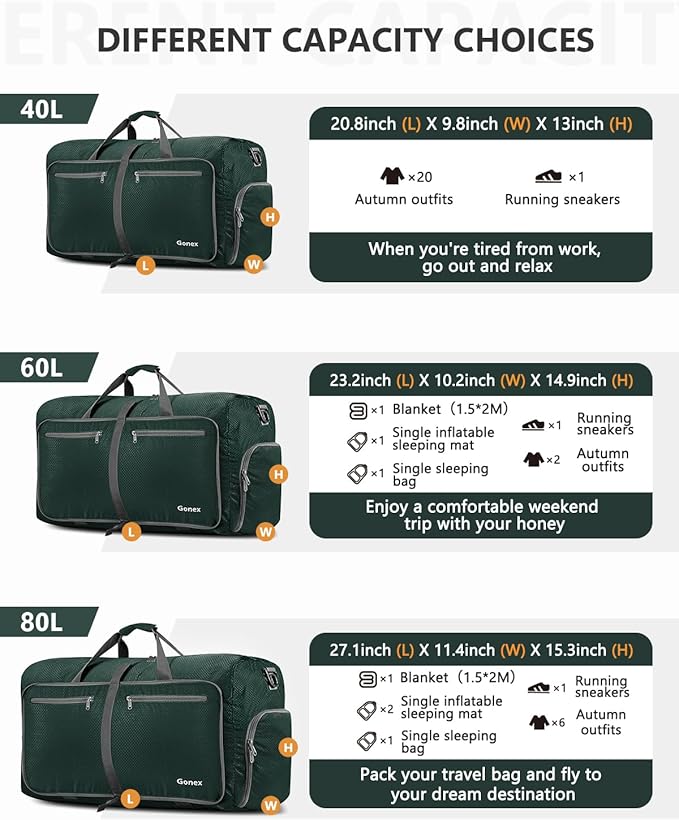 Gonex Large Foldable Travel Duffle Bag with Shoes Compartment, Packable Lightweight Water Repellent Duffel Bag for Camping Gym Weekender Bag