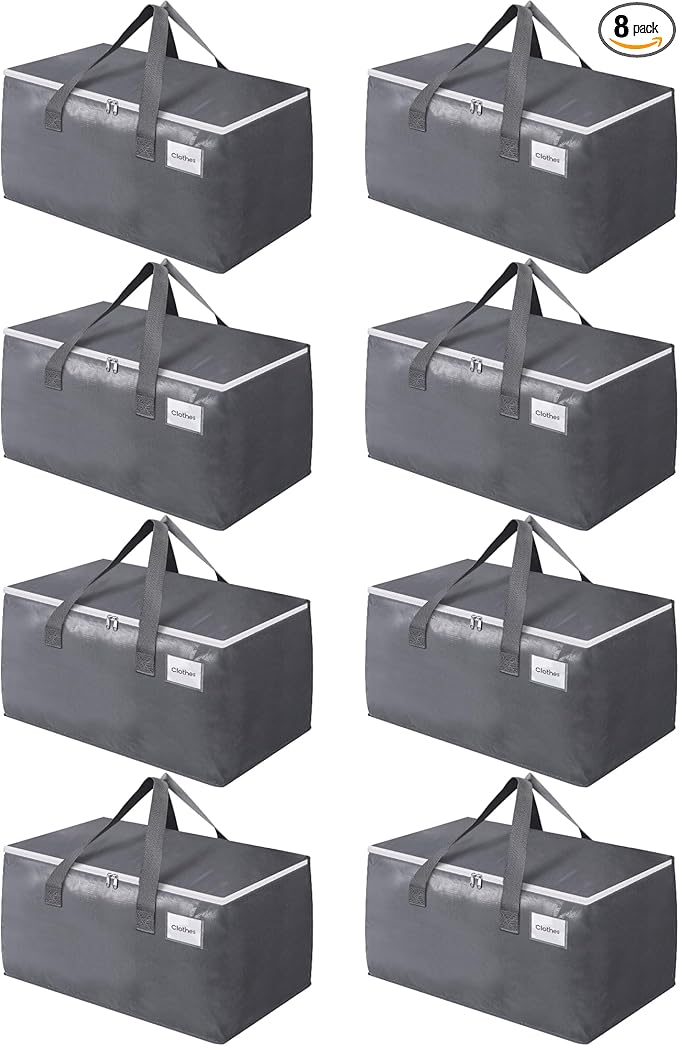 BlissTotes Large Moving Boxes and with Zippers & Handles Moving Supplies with lids, Heavy Duty Totes for Storage Bags for Space Saving, Fold Flat, Moving and Storing 76L, 8 Pack