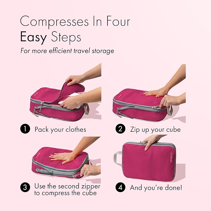 (Not Made In China) Compression Packing Cubes For Travel, Suitcase and Luggage Space Saver Organizer Bags, Lightweight, Waterproof Nylon, Durable, 4pc Set, Plum