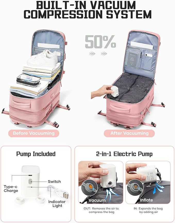 wepadre Vacuum Backpack Travel with Pump Travel Backpack with Vacuum System Expandable Vacpack Compression Backpacks for Travel Easy Vac Pack Carry on Luggage